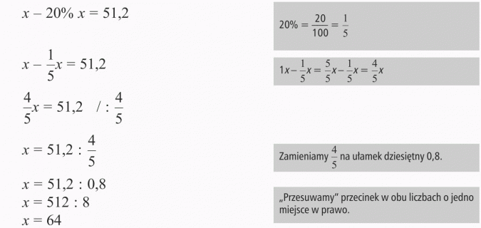 Rozwiązywanie zadań tekstowych. Zamieniamy 4/5 na ułamek dziesiętny 0,8. Przesuwamy przecinek w obu liczbach o jedno miejsce w prawo.