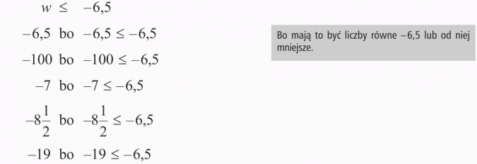 Zapisywanie nierówności. Bo mają to być liczby równe -6,5 lub od niej mniejsze.