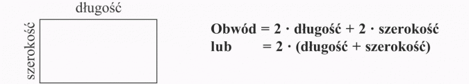 Obwód prostokąta i kwadratu. Szerokość, długość. Obwód = 2 x długość + 2 x szerokość lub 2 x (długość + szerokość).