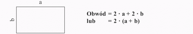 Obwód prostokąta i kwadratu. Obwód = 2 x a + 2 x b lub 2 x (a + b)