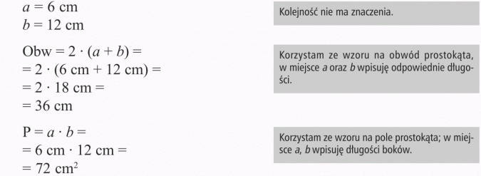 Zastosowanie wzorów na pola figur. Kolejność nie ma znaczenia. Korzystam ze wzoru na obwód prostokąta, w miejsce a oraz b wpisuję odpowiednie długości. Korzystam ze wzoru na pole prostokąta; w miejsce a, b wpisuję długości boków.