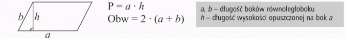 Wzory na pola figur. Długość boków równoległoboku. Długość wysokości opuszczonej na bok a. Obw.
