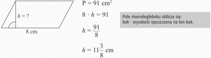 Pola figur. Pole równoległoboku oblicza się: bok x wysokość opuszczona na ten bok.