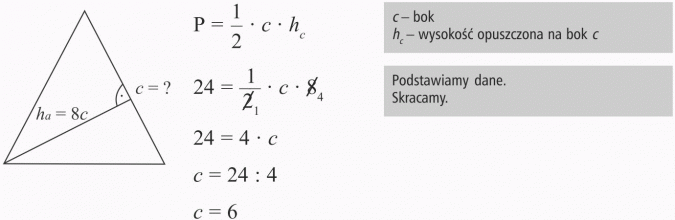 Pola figur. Bok. Wysokość opuszczona na bok c. Podstawiamy dane. Skracamy.