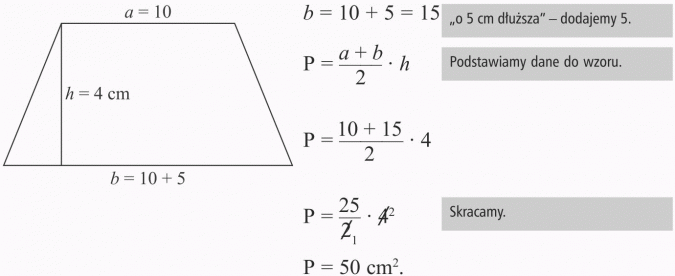 Pola figur. O 5 cm dłuższa - dodajemy 5. Podstawiamy dane do wzoru. Skracamy.