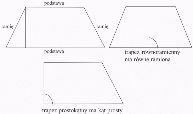 Czworokąty. Podstawa, ramię. Trapez równoramienny ma równe ramiona. Trapez prostokątny ma kąt prosty.