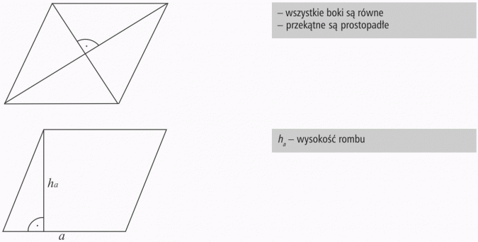 Czworokąty. Wszystkie boki są równe. Przekątne są prostopadłe. Wysokość rombu.