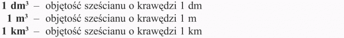 Jednostki objętości. 1 dm3 - objętość sześcianu o krawędzi 1 dm. 1 m3 - objętość sześcianu o krawędzi 1 m. 1 km3 - objętość sześcianu o krawędzi 1 km.