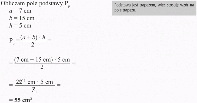 Objętość graniastosłupa. Obliczam pole podstawy Pp. Podstawa jest trapezem, więc stosuję wzór na pole trapezu.