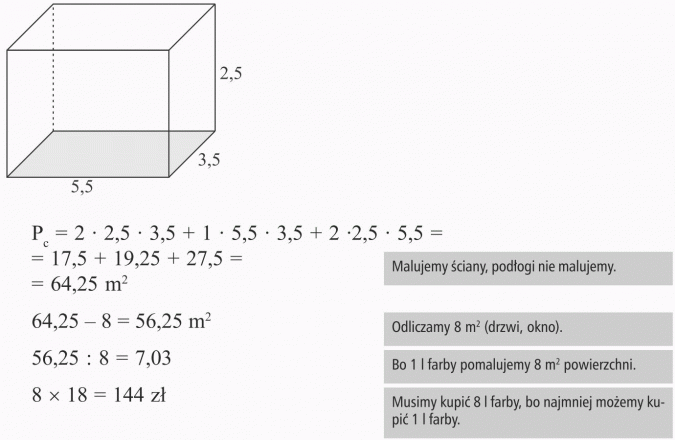 Graniastosłupy. Malujemy ściany, podłogi nie malujemy. Odliczamy 8 m2 (drzwi, okno). Bo 1 l farby pomalujemy 8 m2 powierzchni. Musimy kupić 8 l farby, bo najmniej możemy kupić 1 l farby.