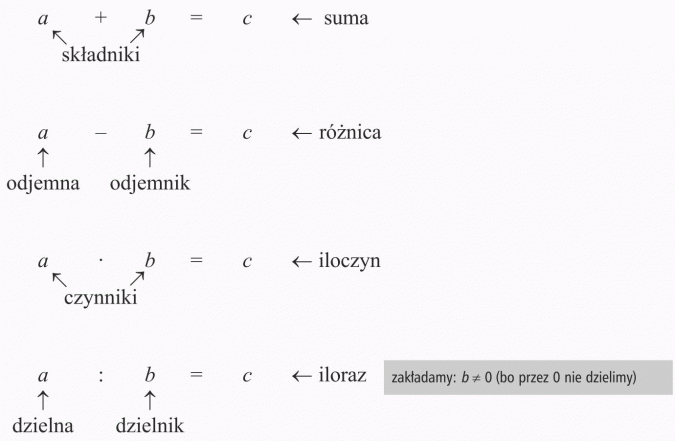 Działania. Suma, składniki. Różnica, odjemna, odjemnik. Iloczyn, czynniki. Iloraz, dzielna, dzielnik. Zakładamy: b != 0 (bo przez 0 nie dzielimy).