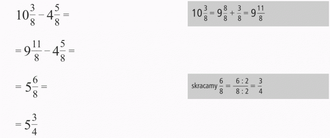 Dodawanie i odejmowanie ułamków o jednakowych mianownikach. Skracamy.