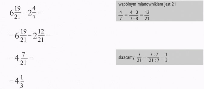 Dodawanie i odejmowanie ułamków o różnych mianownikach. Wspólnym mianownikiem jest 21. Skracamy.