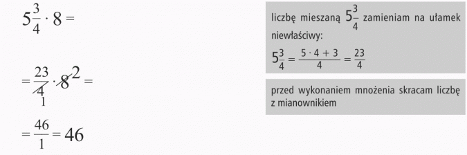 Mnożenie ułamka przez liczbę. Liczbę mieszaną zamieniam na ułamek niewłaściwy. Przed wykonaniem mnożenia skracam liczbę z mianownikiem.