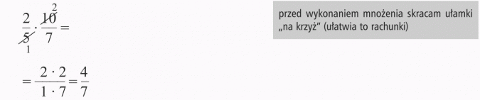 Mnożenie ułamka przez ułamek. Przed wykonaniem mnożenia skracam ułamki na krzyż (ułatwia to rachunki).