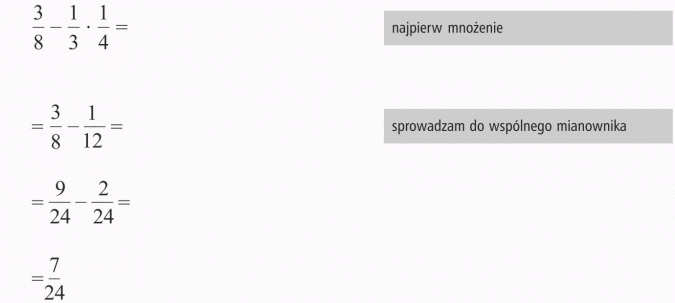 Działania łączne na ułamkach zwykłych. Najpierw mnożenie. Sprowadzam do wspólnego mianownika.