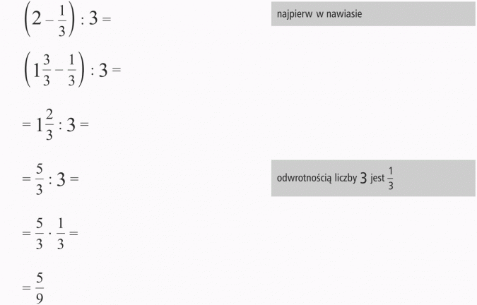 Działania łączne na ułamkach zwykłych. Najpierw w nawiasie. Odwrotnością liczby 3 jest 1/3.
