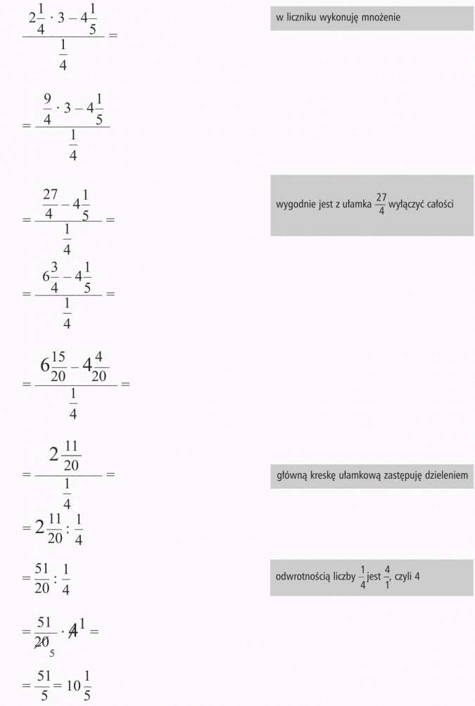 Działania łączne na ułamkach zwykłych. W liczniku wykonuję mnożenie. Wygodnie jest z ułamka 27/4 wyłączyć całości. Główną kreskę ułamkową zastępuję dzieleniem. Odwrotnością liczby 1/4 jest 4/1, czyli 4.
