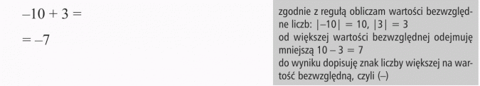 Dodawanie i odejmowanie liczb całkowitych. Zgodnie z regułą obliczam wartości bezwzględne liczb. Od większej wartości bezwzględnej odejmuję mniejszą 10 - 3 = 7. Do wyniku dopisuję znak liczby większej na wartość bezwzględną, czyli (-).