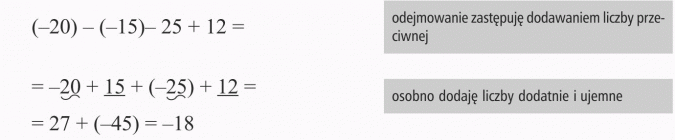 Dodawanie i odejmowanie liczb całkowitych. Odejmowanie zastępuję dodawaniem liczby przeciwnej. Osobno dodaję liczby dodatnie i ujemne.
