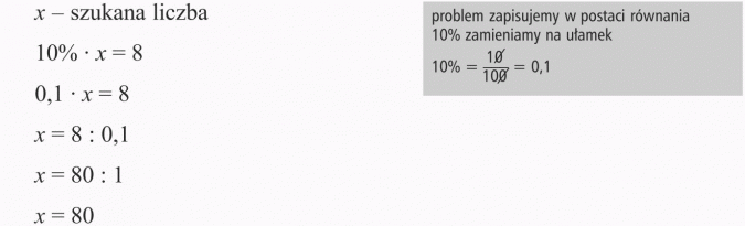Obliczanie liczby, gdy dany jest procent. Szukana liczba. Problem zapisujemy w postaci równania. 10% zamieniamy na ułamek.