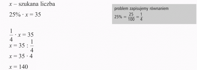 Obliczanie liczby, gdy dany jest procent. Szukana liczba. Problem zapisujemy równaniem.
