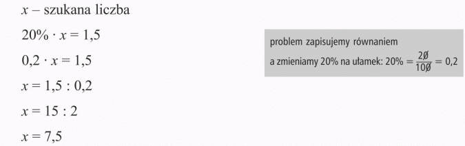 Obliczanie liczby, gdy dany jest procent. Szukana liczba. Problem zapisujemy równaniem. A zmieniamy 20% na ułamek.