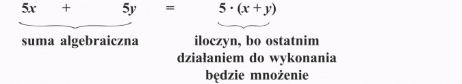 Wyłączanie wspólnego czynnika przed nawias. Suma algebraiczna. Iloczyn, bo ostatnim działaniem do wykonania będzie mnożenie.