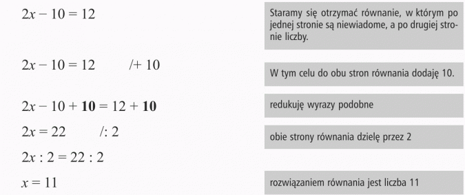 Rozwiązywanie równań. Staramy się otrzymać równanie, w którym po jednej stronie są niewiadome, a po drugiej stronie liczby. W tym celu do obu stron równania dodaję 10. Redukuję wyrazy podobne. Obie strony równania dzielę przez 2. Rozwiązaniem równania jest liczba 11.
