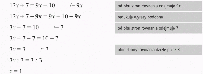 Rozwiązywanie równań. Od obu stron równania odejmuję 9x. Redukuję wyrazy podobne. Od obu stron równania odejmuję 7. Obie strony równania dzielę przez 3.