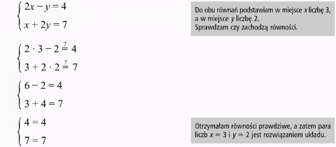 Metoda przeciwnych współczynników. Do obu równań podstawiam w miejsce x liczbę 3, a w miejsce y liczbę 2. Sprawdzam, czy zachodzą równości. Otrzymałam równości prawdziwe, a zatem para liczb x = i y = 2 jest rozwiązaniem układu.