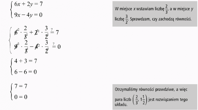 Metoda przeciwnych współczynników. W miejsce x wstawiam liczbę 2/3, a w miejsce y liczbę 3/2. Sprawdzam, czy zachodzą równości. Otrzymaliśmy równości prawdziwe, a więc para liczb (2/3, 1 1/2) jest rozwiązaniem tego układu.
