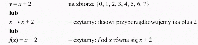 Różne sposoby przedstawiania funkcji. Na zbiorze... Czytamy: iksowi przyporządkowujemy iks plus 2. Czytamy: f od x równa się x + 2.
