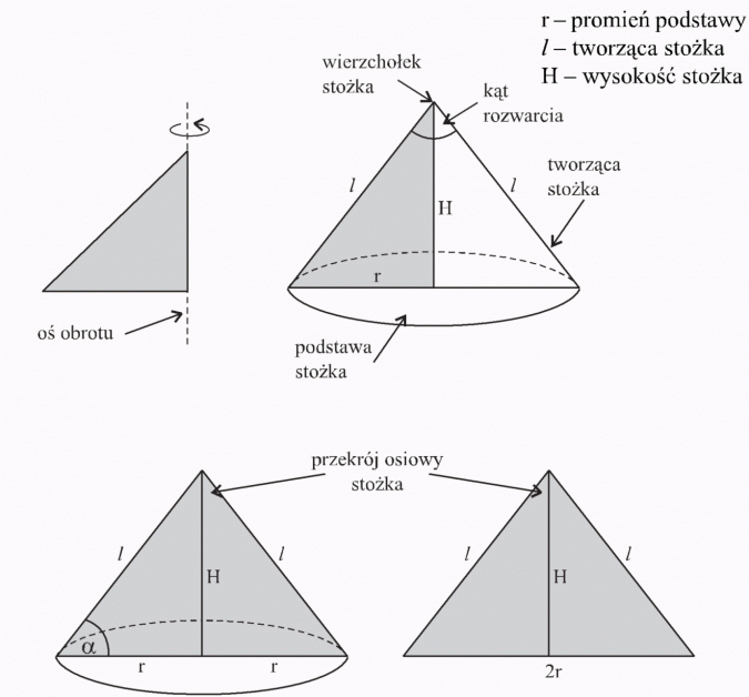 Stożek. Promień podstawy, tworząca stożka, wysokość stożka. Wierzchołek stożka, kąt rozwarcia, oś obrotu, podstawa stożka. Przekrój osiowy stożka.