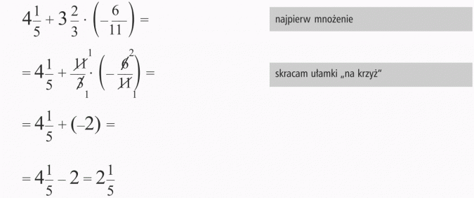 Działania na liczbach wymiernych. Najpierw mnożenie. Skracam ułamki na krzyż. 