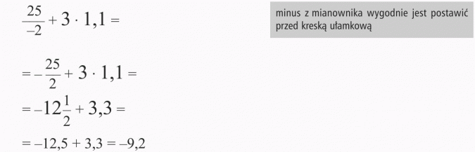 Działania na liczbach wymiernych. Minus z mianownika wygodnie jest postawić przed kreską ułamkową.
