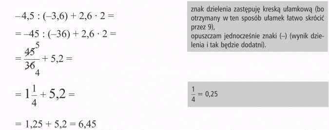 Działania na liczbach wymiernych. Znak dzielenia zastępuję kreską ułamkową (bo otrzymany w ten sposób ułamek łatwo skrócić przez 9), opuszczam jednocześnie znak (-) (wynik dzielenia i tak będzie dodatni).