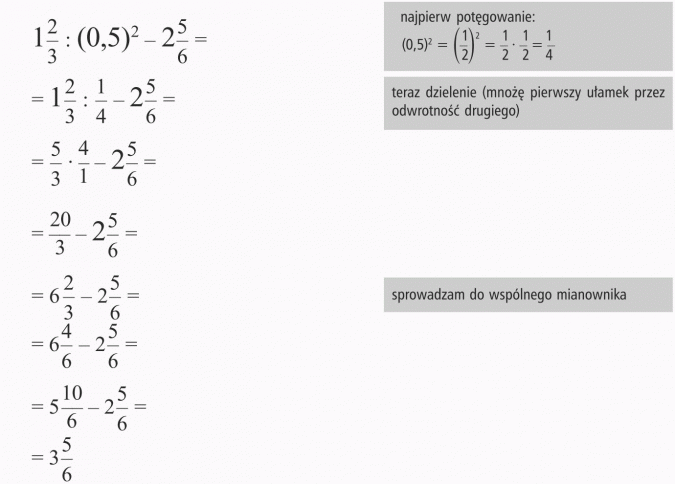 Przykłady pierwiastków drugiego i trzeciego stopnia. Najpierw potęgowanie. Teraz dzielenie (mnożę pierwszy ułamek przez odwrotność drugiego). Sprowadzam do wspólnego mianownika.