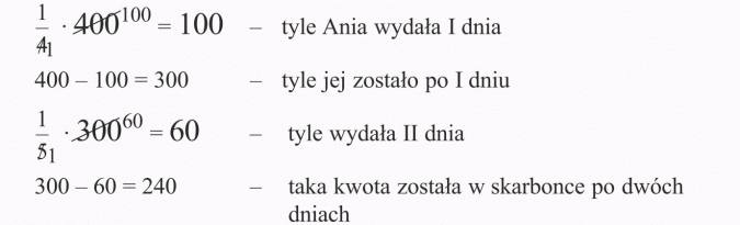 Zadania z treścią. Tyle Ania wydała I dnia. Tyle jej zostało po I dniu. Tyle wydała II dnia. Taka kwota została w skarbonce po dwóch dniach.