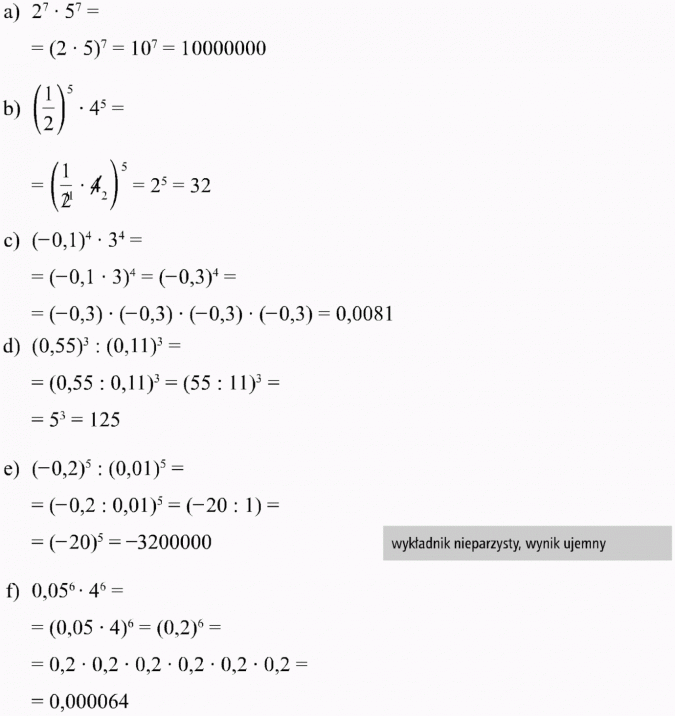 Mnożenie i dzielenie potęg o tym samym wykładniku. Wykładnik nieparzysty, wynik ujemny.