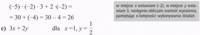 Wartość liczbowa wyrażenia algebraicznego. W miejsce x wstawiam (-2), w miejsce y wstawiam 3, następnie obliczam wartość wyrażenia, pamiętając o kolejności wykonywania działań.
