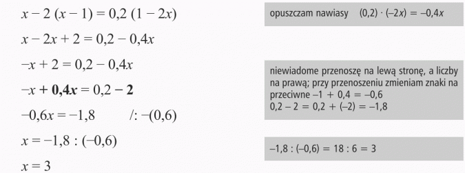 Rozwiązywanie równań. Opuszczam nawiasy. Niewiadome przenoszę na lewą stronę, a liczby na prawą; przy przenoszeniu zmieniam znaki na przeciwne.