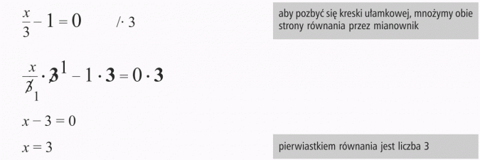 Rozwiązywanie równań. Aby pozbyć się kreski ułamkowej, mnożymy obie strony równania przez mianownik. Pierwiastkiem równania jest liczba 3.