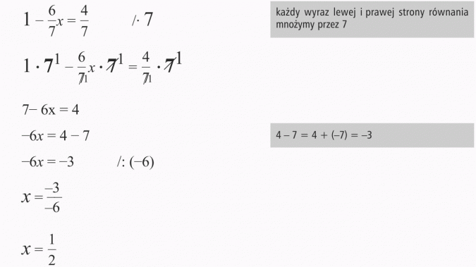 Rozwiązywanie równań. Każdy wyraz lewej i prawej strony równania mnożymy przez 7.