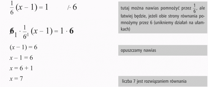 Rozwiązywanie równań. Tutaj można nawias pomnożyć przez 1/6, ale łatwiej będzie, jeżeli obie strony równania pomnożymy przez 6 (unikniemy działań na ułamkach). Opuszczamy nawias. Liczba 7 jest rozwiązaniem równania.