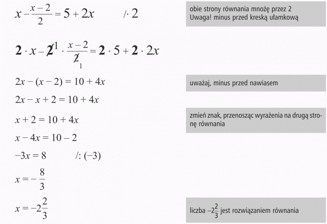 Rozwiązywanie równań. Obie strony równania mnożę przez 2. Uwaga! minus przed kreską ułamkową. Uważaj, minus przed nawiasem. Zmień znak, przenosząc wyrażenia na drugą stronę równania. Liczba -2 2/3 jest rozwiązaniem równania.