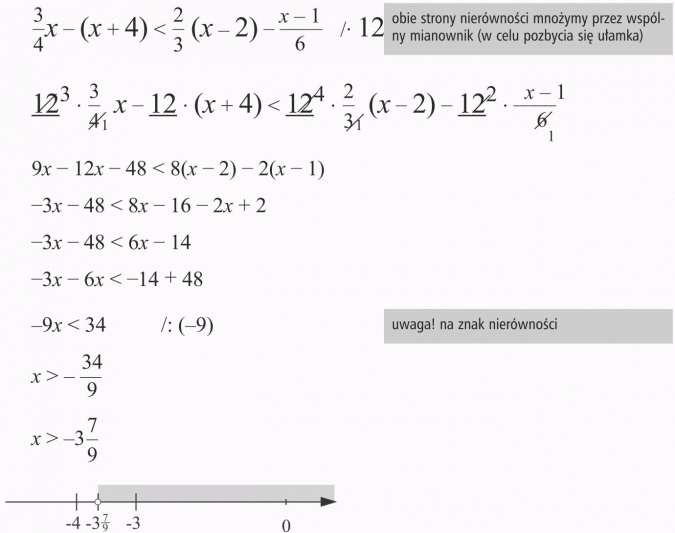 Rozwiązywanie nierówności. Obie strony nierówności mnożymy przez wspólny mianownik (w celu pozbycia się ułamka). Uwaga! na znak nierówności.