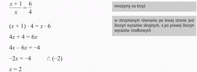 Proporcja i jej własności. Mnożymy na krzyż. W otrzymanym równaniu po lewej stronie jest iloczyn wyrazów skrajnych, a po prawej iloczyn wyrazów środkowych.