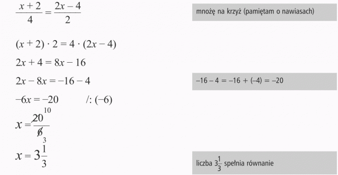 Proporcja i jej własności. Mnożę na krzyż (pamiętam o nawiasach). Liczba 3 1/3 spełnia równanie.
