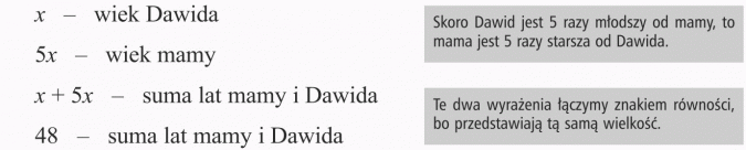 Zadania tekstowe. Wiek Dawida, wiek mamy, suma lat mamy i Dawida. Skoro Dawid jest 5 razy młodszy od mamy, to mama jest 5 razy starsza od Dawida. Te dwa wyrażenia łączymy znakiem równości, bo przedstawiają tę samą wielkość.